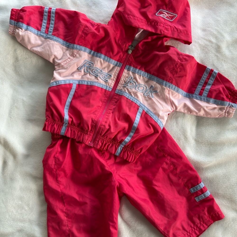 Vintage Reebok Kids Red and Pink Hooded Tracksuit